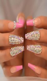 False Nails Rhinestones Nail Press Ons Extra Long Coffin 3d Designed Fake Jewel Luxury Rosy Nude Royalty Tips1395833