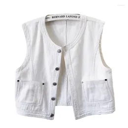 Women's Vests Fashion White Denim Vest Women Slim Short O Neck Big Pocket Cowboy Waistcoat Spring Summer Thin Sleeveless Jeans Jacket Female