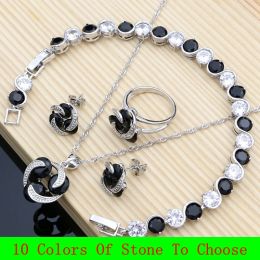 Chokers Punk Sier Jewellery Sets for Women Black Stone Gemstone Stud Earrings Bracelet Ring Necklace Sets Friend Gift for Her