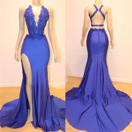 Navy Blue Mermaid Long Prom Dresses V Neck Applique Sequins Split Evening Gowns Criss Cross Backless Formal Party Dress BC1153 163i