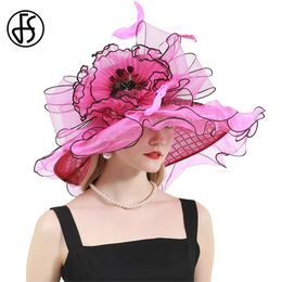 FS Hats For Women Rose Red Tea Party Wedding Organza Cap Feather Flower Plaid Fascinator Wide Brim Fes 240423