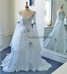 Vintage Celtic Wedding Dresses White and Pale Blue Colourful Mediaeval Bridal Gowns Scoop Neckline Corset Long Bell Sleeves Appliques Flowers