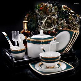 Disposable Dinnerware 80 Pcs European Style Green Porcelain Set Bone China Tableware Emerald Ceramic Bowls Plates Wedding Gift