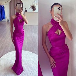 Elegant Rosy Pink Prom Dresses Halter Evening Dress Pleats Formal Long Special Ocn Party Dress 0515