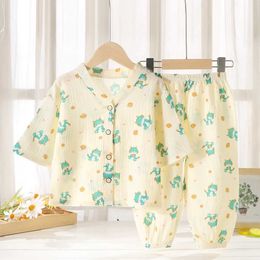 Pajamas New 2024 Childrens Summer Thin Pajama Set for Boys and Girls Cartoon Three Quarter Sleeves V-Neck Cotton Linen Shirt+Pants Baby Casual Wear d240515
