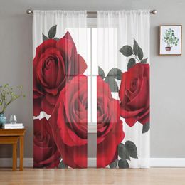 Curtain Valentine'S Day Red Rose Flower White Sheer Curtains For Living Room Decoration Window Kitchen Tulle Voile