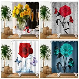 Shower Curtains Rose Curtain Romantic Water Floral Butterfly Waterproof Fabric Bathroom Anti-peeping Bathtub Screen With Hooks 180x200