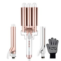 CkeyiN 3 Barrel Hair Curler and Straightener in 1 Interchangeable Heads Waver Straightening Curling Iron Styling Tool 240515