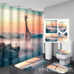 Shower Curtains Animal Giraffe 3D Printing Waterproof Bathroom Curtain Toilet Cover Mat Non-Slip Floor Rug (1/3/4Pcs) W26