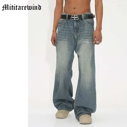 Men's Jeans Loose Straight Distressed Vintage Retro Casual Full Length Denim Pants Wide Leg Versatile Simple Blue Trousers