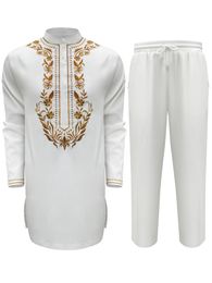 African Clothing for Men White Shirt and Pant Party Outfits Dashiki 2Pcs in 1 Set for Men Embroidery Casual Suit 2024 240514