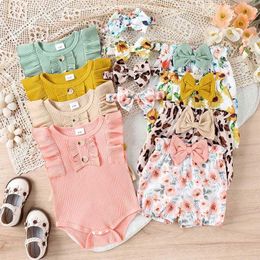 Clothing Sets 0-18months Newborn Girl Summer Set Sleeveless Frill Trim Ribbed Romper Waist Shorts + Bow Headband Infant Girls 3 Piece Outfit