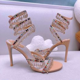 Rene Caovilla Crystal Embellished Rhinestone Heels Designer Sandals Snake Stiletto Heels Womens High Heeled Luxury Dress Shoes Ankle Wraparound Evening Shoes