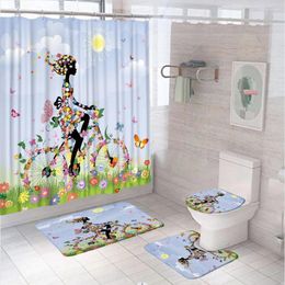 Shower Curtains 4Pcs Abstract Art Flower Butterfly Curtain Set Sexy Girl Women Bike Bathroom Decor Non-Slip Rug Toilet Lid Cover Bath Mat