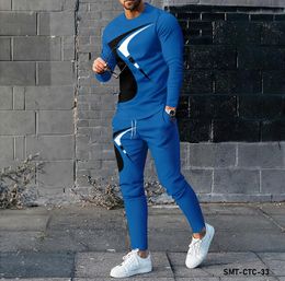 Mens long sleeved Tshirt and pants twopiece set with blue red black 3D digital printing for casual sports polyester 240511