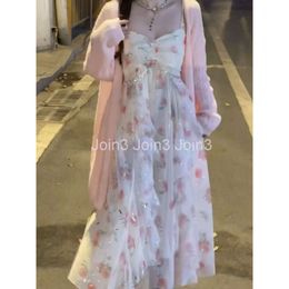 Sweet And Gentle Wind Pink Fragmented Flower And Lotus Leaf Edge Shining Fairy Sling Dress Womens Knitted Cardigan Set Spring Summer