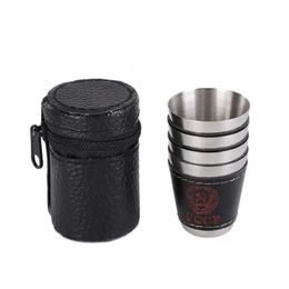 4Pcslot 30ml Camping Cup Outdoor Tableware Travel Cups Water Mugs Stainless Steel Wine Beer PU Leather Picnic Hiking Beach 240514