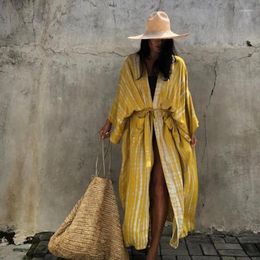 Kimono 2024 Beach Robe Swimsuit Cover Ups Beachwear Long Sleeve Dress Women Loose Cardigan Bikini Covers Comfortable