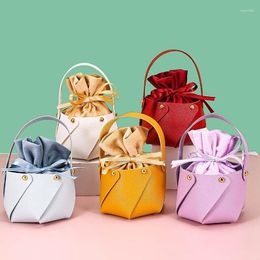 Gift Wrap Creative Basket 6Pcs DIY PU Handy Packing With Velvet Bag Wedding Favour Souvenir Candy Drawstring 10 8cm