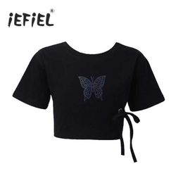 Camisole childrens and girls cotunfly ghit stampato a farfalla a maniche corta danza jazz danza hip-hop per esibizione per esibizione spalla cravatta cravatta cravatta topl2405