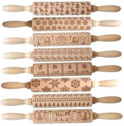 Embossing Rolling Pin Merry Christmas Decorations Cookies Biscuit Fondant Cake Dough Engraved Roller Elk Wooden Baking Moulds GGA3680 LL