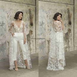 Designer Jumpsuit Beach Wedding Dresses With Wrap V Neck Backless Ankle Length Bridal Outfit Lace Summer Wedding Gowns