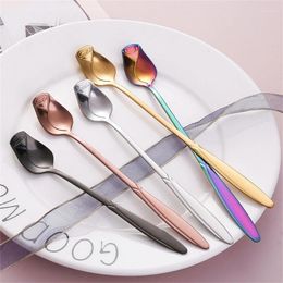 Coffee Scoops Long Handle Teaspoon Stainless Steel Rose Mixing Spoon Teaspoons Dessert Honey Salad Tea Spoons Party Gift Drop