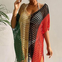 Rainbow Striped Women Beach Dress Summer Hollow Out Crochet Knitted Bikini Cover-Ups Loose Tassel Tops For Swimwear