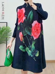 Casual Dresses LANMREM Chinese Style Pleated Dress Women Summer Stand Collar Rose Flower Printing Stylish Mother's Gift Clothes 2DA6100