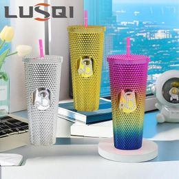 Water Bottles LUSQI 710ML Drinking Cup Portable Gradient Diamond With 1 Straw Large Capacity Reusable-Creative Durian Pattern