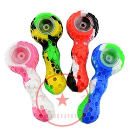 Colorful Silicone Hand Tube Glass Filter Singlehole Holes Bowl Portable Oil Rigs Case Dabber Stick Spoon Herb Tobacco Cigarette Holder Smoking Pocket Pipes DHL