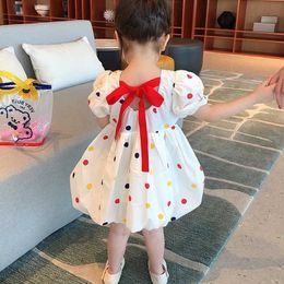 Girl's Dresses 2022 Summer Girls Dress Polka Dot Back Lace Short Sleeves Floral Dress Fashion Childrens Clothing Cute Childrens Baby Clothing d240515