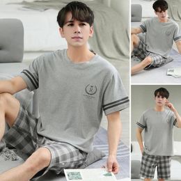 Home Clothing Tops Shorts Set Men's Summer Pyjamas With O-neck Tee Shirt Wide Leg Plaid Pants For Leisure