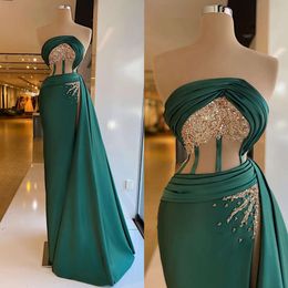 Emerald Green Mermaid Evening Dresses Elegant Illusion Bodice Strapless Prom Dress Pleats Sequins Split Formal Dresses For Women 0515