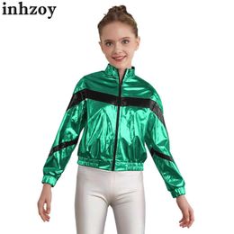Cosplay Kids Girls Hip-Hop Jazz Street Dance Coat Tops Metallic Shiny Long Sleeve Zipper Jacket Cheerleading Stage Performance DancewearL2405