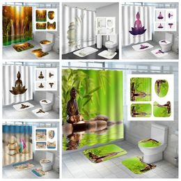 Shower Curtains 3D Green Bamboo Flowing Water Buddha Statue Bath Curtain Waterproof Black Stone Bathroom Antislip Mats