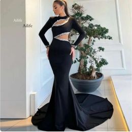Black Prom Dresses Long Sleeves Jewel Neck Crystals Beaded Cutaway Bust Waist Custom Made Floor Length Evening Gown Formal Ocn Wear Vestidos Plus Size Bc18811 0515