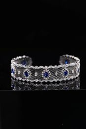 Style S925 Sterling Silver Brushed 5A Blue Cubic Zircon Black Cuff Bangle Vintage Birthday Wedding Party Gift for Women 240507