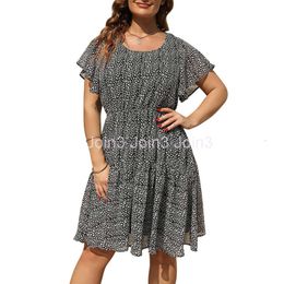 Womens Plus Size Ruffle Edge Sleeves Summer Bohemian Wind And Snow Spinning Printed Mid Length Dress