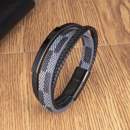 Bangle Light Luxury Fashion Bohemian Style Multi-layer Leather Stainless Steel Charm Bracelet For Men Magnetic Clasp