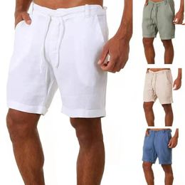 Fit White Shorts Men Japanese Style Linen Running Sport For Casual Summer Elastic Waist Solid Tether Clothing 240508