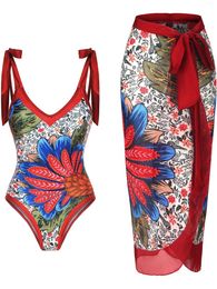 Allover Floral Print Tie Shoulder One Piece Bathing Suit With Side Wrap Maxi Cover Up Dress Deep V Neck Contrast Trim Elega