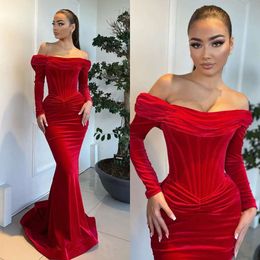 Sexy Red Mermaid Prom Dress Off Shoulder Long Sleeves Veet Formal Evening Dresses Elegant Bodice Party Gowns For Special Ocns Pleats Robe De Soiree 0515