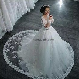Amazing Sheer Neck Wedding Dresses Lace Appliques Beads Illusion Long Sleeves Bridal Gowns Ball Gown Sweep Train Custom Wedding Dresses