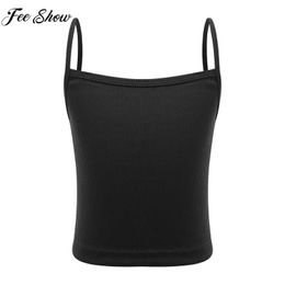 Vest Childrens and Girls Casual Tank Top Underwear Solid Color Italian Spaghetti Shoulder Strap Ribbed Crop Tank Top for Sports Dance Fitness RunningL240502