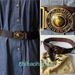 Designer Borbaroy belt fashion buckle genuine leather LONDON Brown Leather BeltBrass Embossed Buckle Size 32 80cm-W 3 8cm