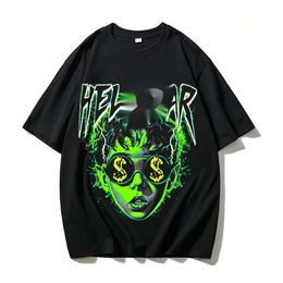 Men's T-shirts Mens T-shirts Hellstart High Street Fashion Brand Loose Short Sleeved Pure Cotton T-shirt with Front and Rear Printingchrg