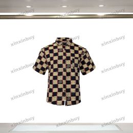 xinxinbuy Men designer Tee t shirt 2024 Italy Chessboard grid Letter jacquard denim fabric 1854 sets short sleeve cotton women black blue Khaki XS-2XL