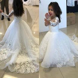 Cute Princess Flower Girls Dresses For Weddings Jewel Neck Lace Appliques Tulle Long Sleeves Long Train Kids Birthday Girl Pageant Gown 308r