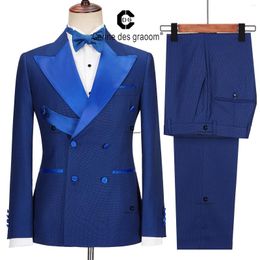 Men's Suits Cenne Des Graoom 2024 Elegant Tuxedo For Men Double Breasted Royal Blue Satin Collar Jacket Pants 2 Pcs Set Wedding